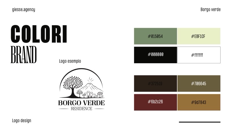 Borgo Verde Residence &mdash; la tavolozza dei colori del brand con i codici esadecimali.