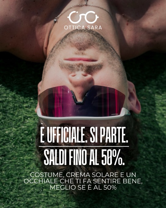 Post Instagram per Ottica Sara: saldi estivi fino al 50% su occhiali da sole.