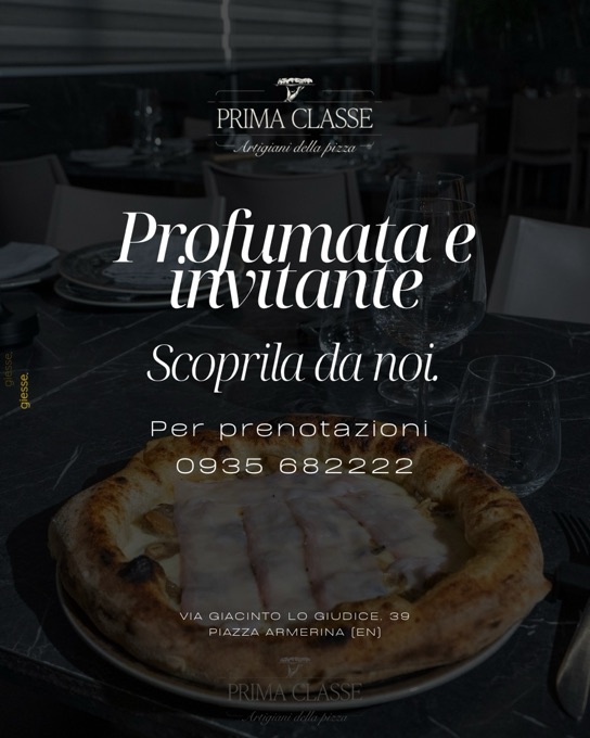 Post Instagram per la pizzeria Prima Classe di Piazza Armerina, con numero per le prenotazioni.