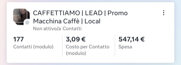 Schermata del gestore inserzioni Meta per la campagna Caffettiamo: 177 contatti da modulo.