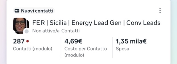 Schermata del gestore inserzioni Meta per la campagna FER: 287 contatti da modulo.