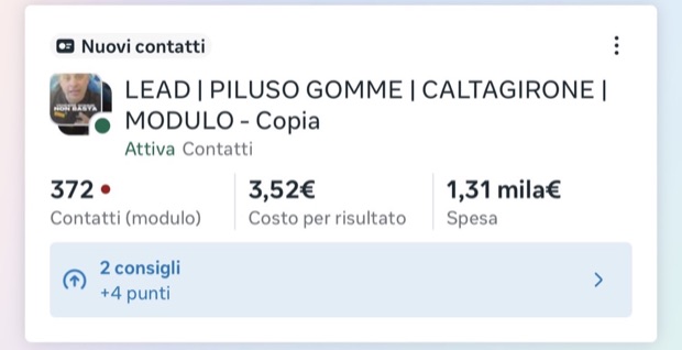 Schermata del gestore inserzioni Meta per la campagna Piluso Gomme: 372 contatti da modulo.